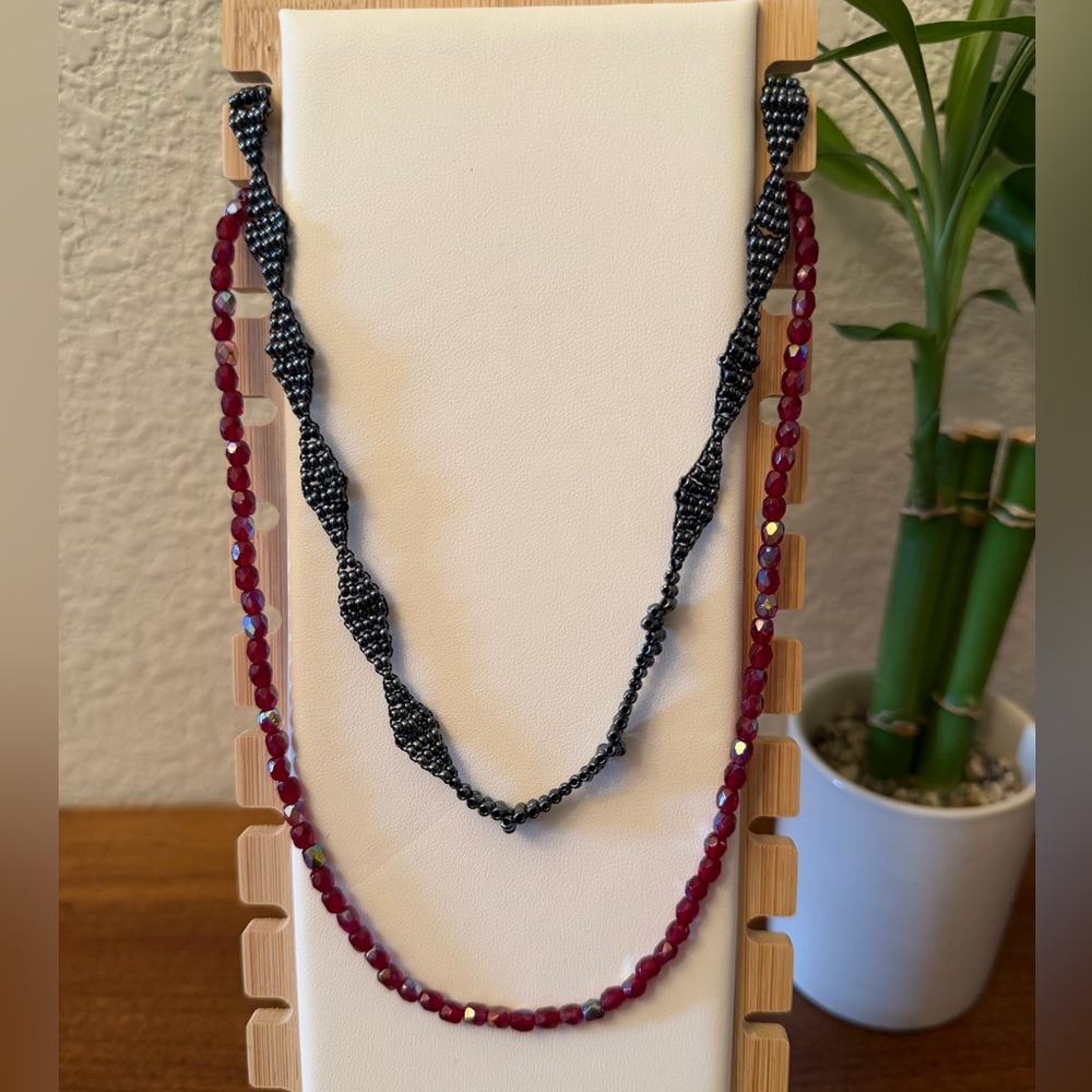 Set of 2 Handcrafted Beaded Necklaces - blue (14.5 in) & berry/maroon (16.5 in) - Picture 2 of 9